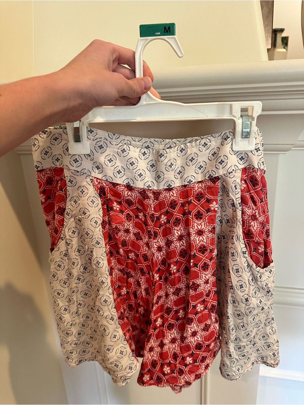 Free People Red and Cream Printed Panel Shorts